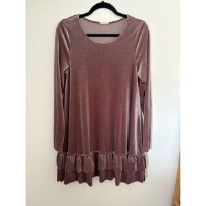 Easel Velvet Ruffle Hem Dress Long Sleeve Shift Mini Women's‎ Med Lavender Blush